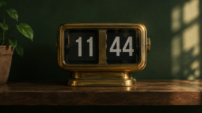 Vintage brass flip clock on a dark wooden shelf showing 11 44 in white digits, morning light on a green wall