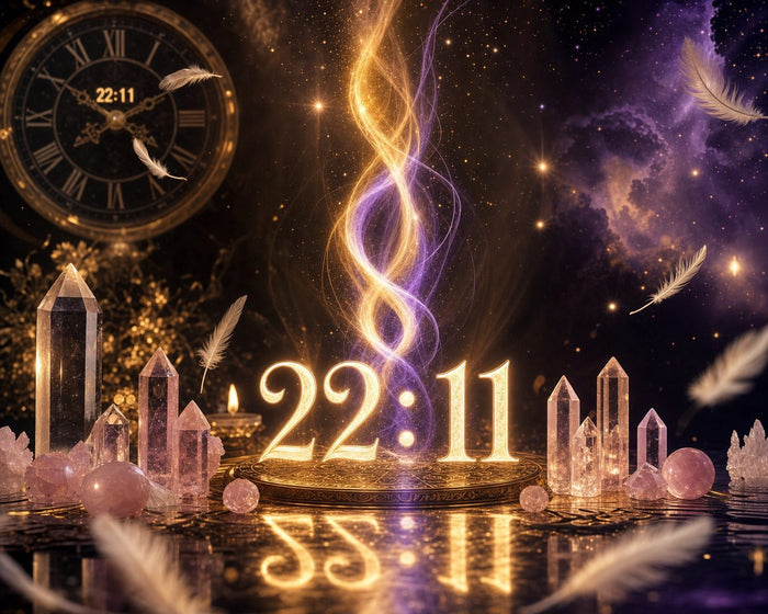 Glowing golden numerals 22:11 on a dark altar between rose quartz points, with a clock and drifting white feathers