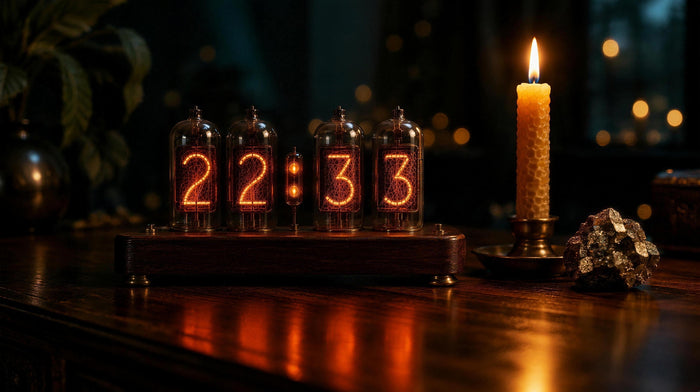 Vintage nixie-tube clock glowing 22:33 in orange on a dark walnut table beside a lit beeswax candle and a pyrite cluster