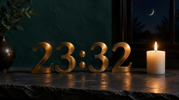 Brass numerals 23:32 on a dark slate ledge by a lit white candle, with a crescent moon in the night window behind