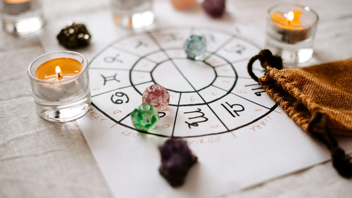Hand-drawn astrology chart wheel with zodiac glyphs on paper, set with crystals, glass beads and lit tealights