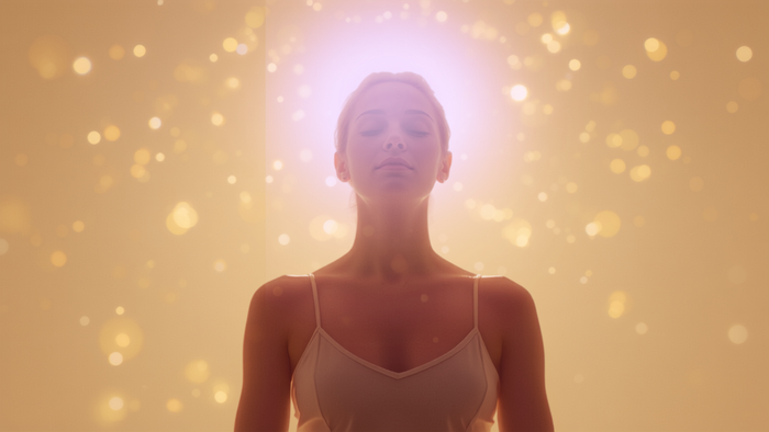 Woman with closed eyes and a soft violet glow of light around her head and shoulders.