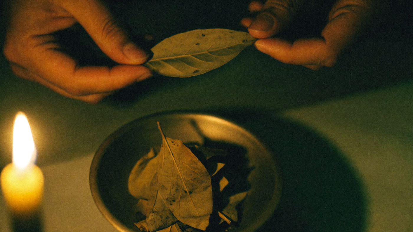 Hands holding a single dried bay leaf above a brass dish of loose bay leaves, lit by candlelight