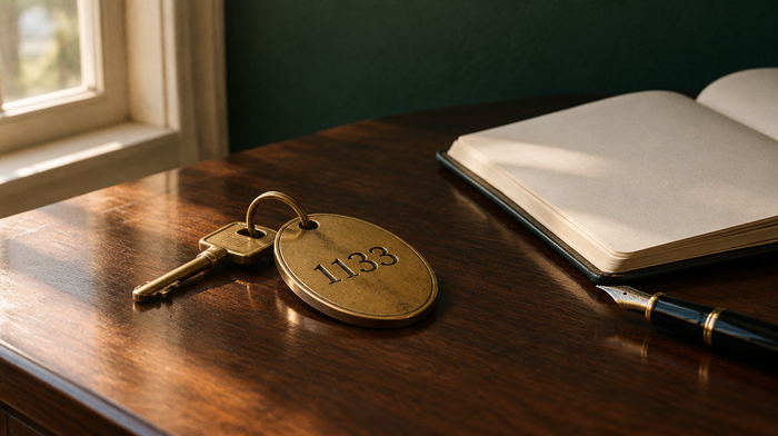 Brass key with an oval fob engraved 1133 on a walnut desk beside an open notebook and a fountain pen