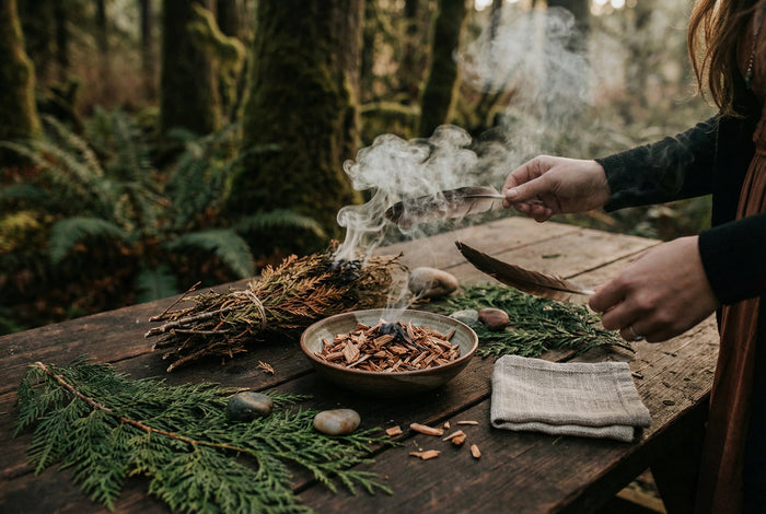 Hands fanning cedar smoke with a feather over a bowl of cedar chips and fresh cedar fronds in a forest