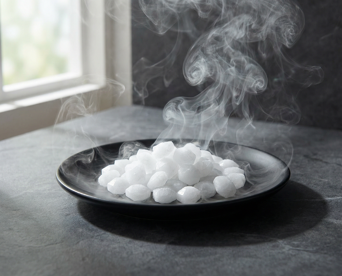 White camphor tablets on a black ceramic plate with swirling pale smoke rising, soft daylight from a window