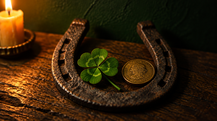 Four-leaf clover and a brass coin inside an old iron horseshoe on dark wood, lit by a candle on the left