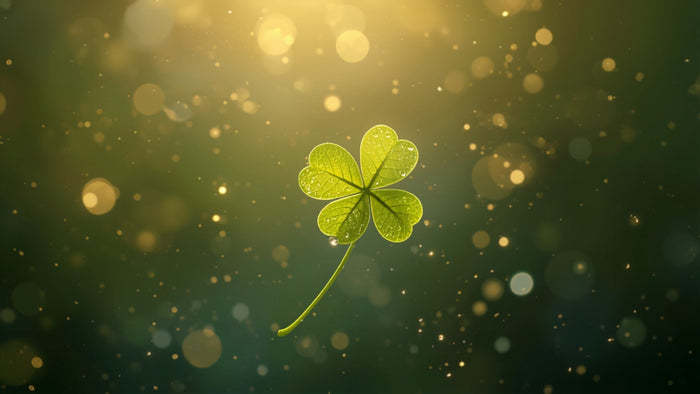 A single four-leaf clover with dew drops floating in warm golden light against a soft dark green background