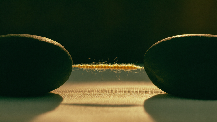Fine golden thread pulled taut between two smooth dark stones on pale linen in soft morning light