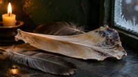 Dried goose breastbone with purple patches beside goose feathers and a frosted window