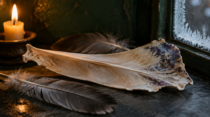 Dried goose breastbone with purple patches beside goose feathers and a frosted window
