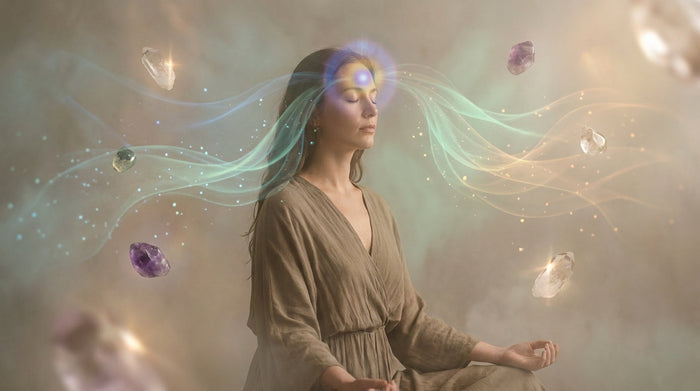 Woman meditating in profile with a glowing violet third-eye light, drifting energy streams and floating crystals
