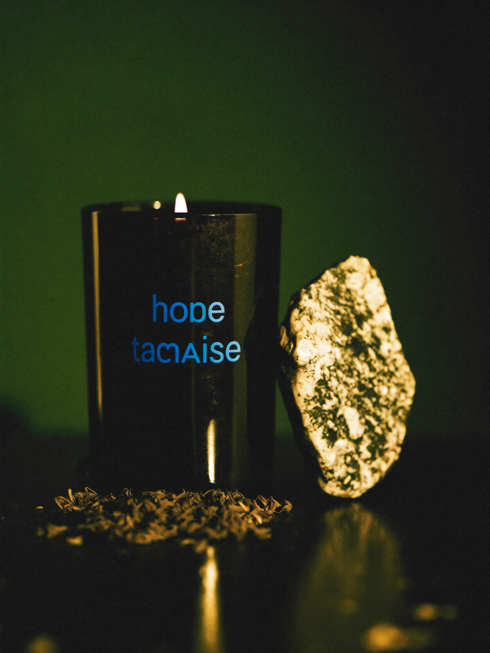 A banishing candle burning on polished dark marble, its flame lit by warm golden light against a shadowed emerald-green background.
