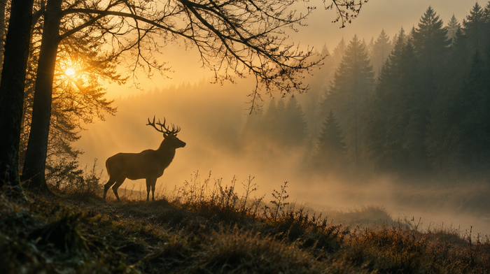 Backlit stag standing at a misty forest edge at dawn, a classic image of the animal guide