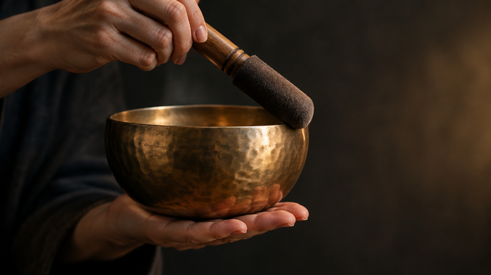 Hands holding a hammered metal singing bowl on an open palm while a felt mallet circles the rim