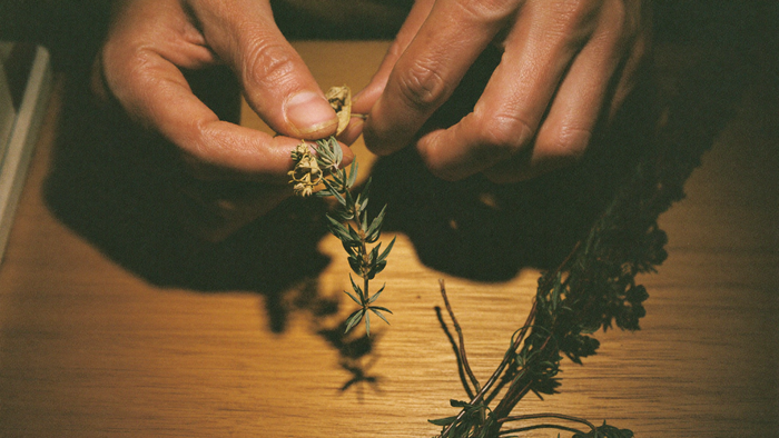 Hands sorting dried herb sprigs on a wooden board by warm candlelight, setting one sprig aside
