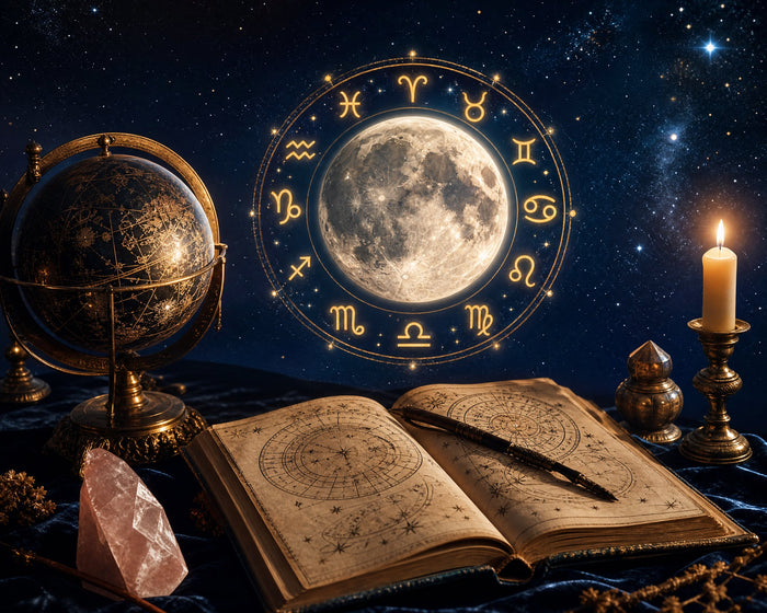 Full moon inside a golden zodiac wheel above an open astrology book, celestial globe and a lit candle