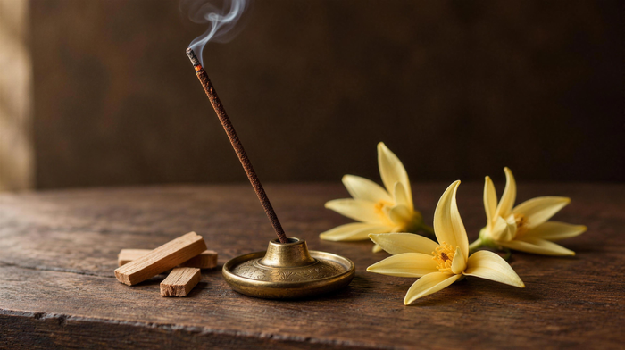 A hand-rolled incense stick smoking in an engraved brass holder, sandalwood chips and pale yellow champaca flowers beside it