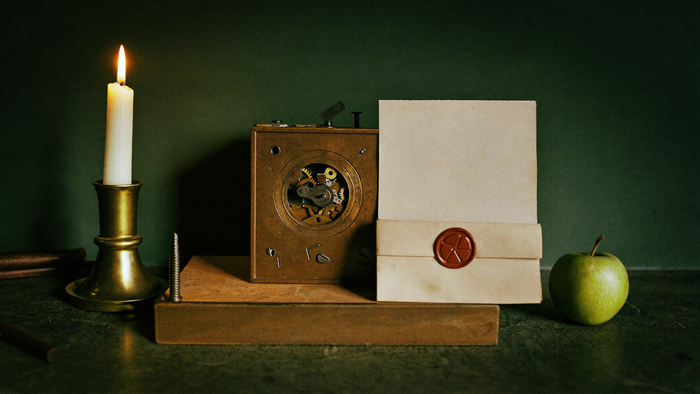 Antique clock movement, a wax-sealed letter, a lit candle and a green apple on a dark green table
