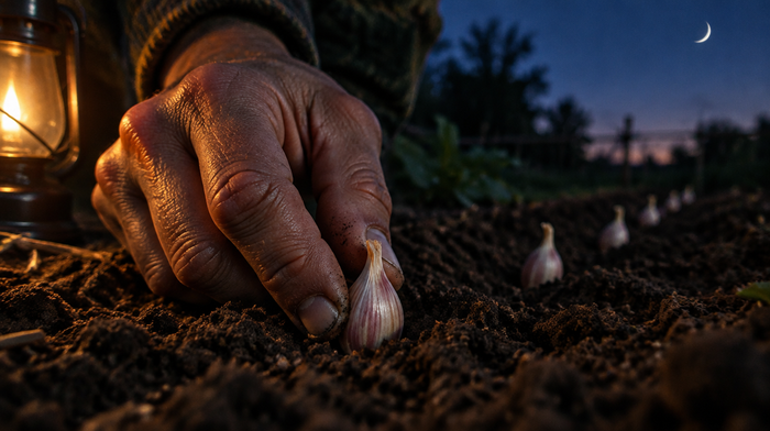 Hands planting garlic cloves in dark garden soil at dusk under a crescent moon