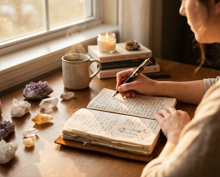 Woman handwriting in a journal by a window, with amethyst and quartz clusters and a lit candle nearby
