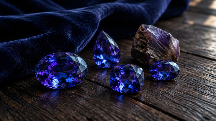 Four faceted violet-blue tanzanite gems beside a rough zoisite crystal on dark oak with indigo velvet