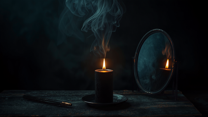 Black pillar candle burning beside an oval mirror on dark wood, its flame reflected in the glass as smoke rises