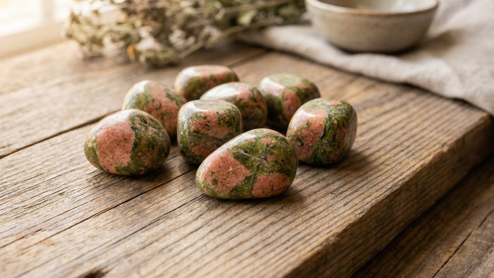 Eight polished unakite tumbled stones, mottled green and salmon pink, on a weathered wooden table with dried herbs behind