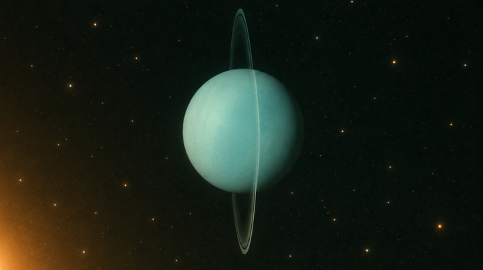 The planet Uranus as a pale cyan-green sphere with thin rings standing almost vertical, in a dark starry sky