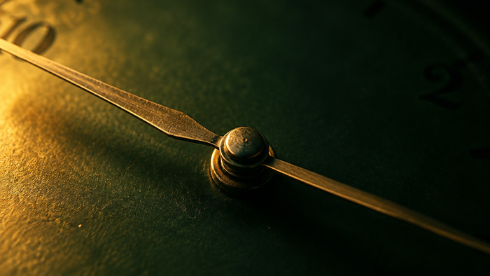 Brass hands of an old analogue clock crossing at the centre pin on a dark green dial