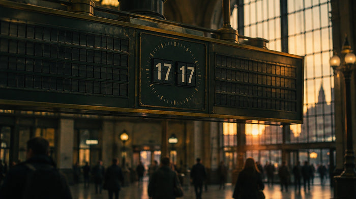 Station departure board with a split-flap clock reading 17:17 at dusk, commuters blurred below