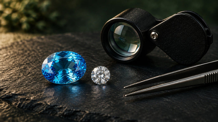 Oval blue zircon next to a small colorless cubic zirconia on dark slate, with a folding jeweler's loupe and tweezers