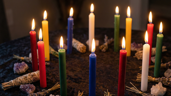 Twelve coloured taper candles burning in a circle on a dark altar cloth with amethyst and dried lavender