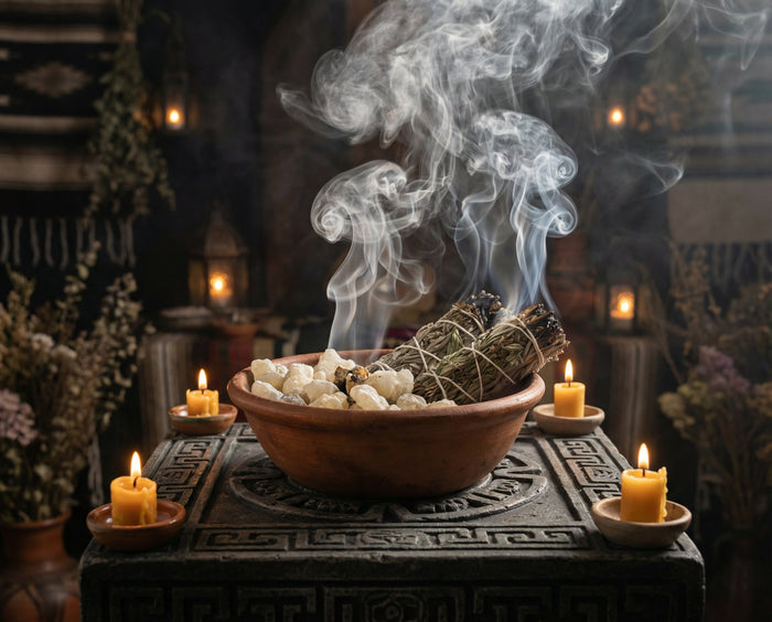 Pale copal resin and a bound herb bundle smoking in a clay bowl on a carved stone altar between beeswax candles