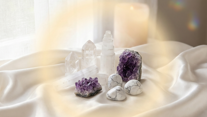 Clear quartz points, selenite sticks, amethyst clusters and white howlite stones arranged on pale silk in soft window light