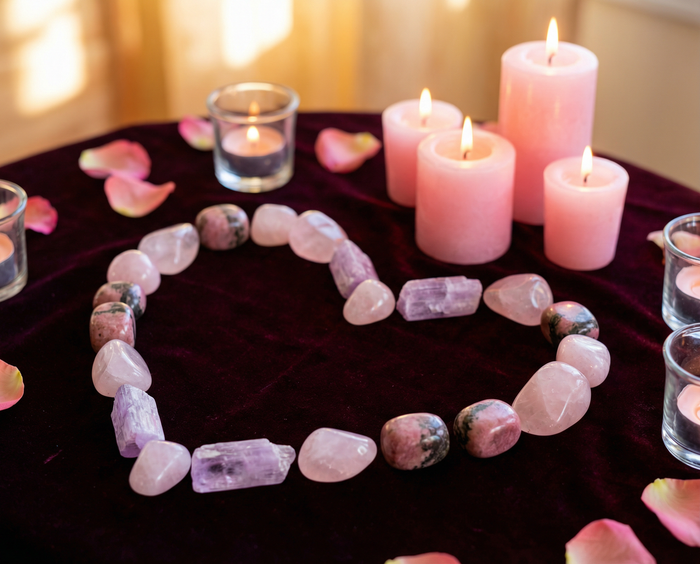 Rose quartz, rhodonite and kunzite laid out in a heart beside burning pink candles and rose petals