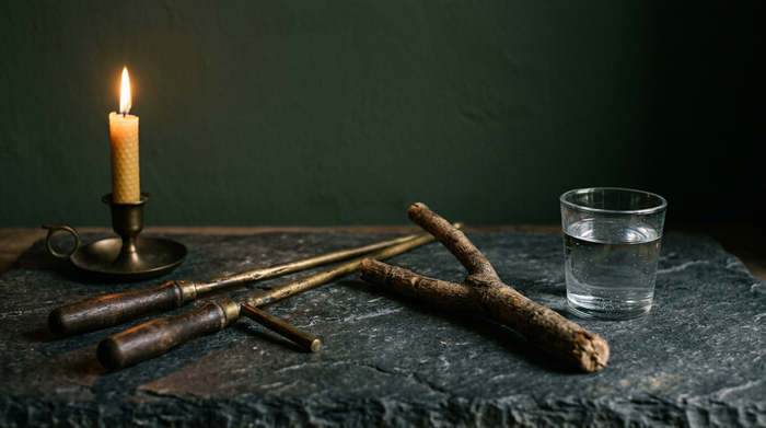Brass angle rods and a forked hazel divining rod beside a glass of water on dark slate