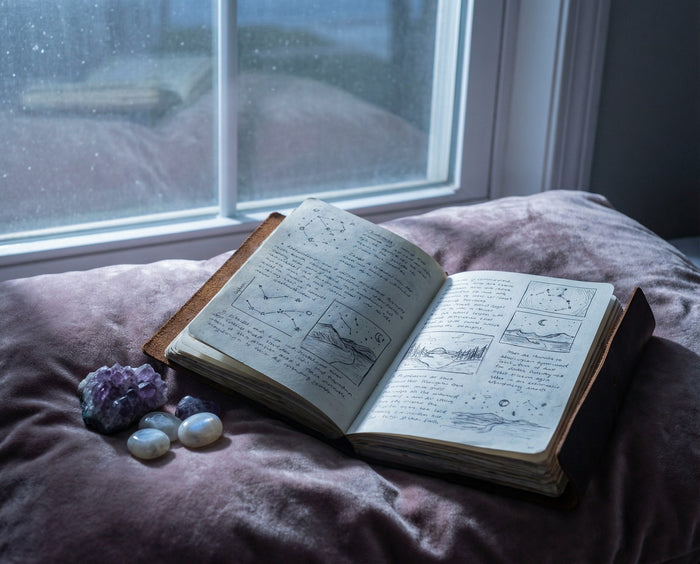 An open dream journal filled with sketches beside an amethyst cluster and pale moonstone tumbles