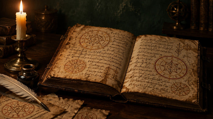 Open handwritten grimoire with red and gold magic seals beside a candle, quill and inkwell on dark wood
