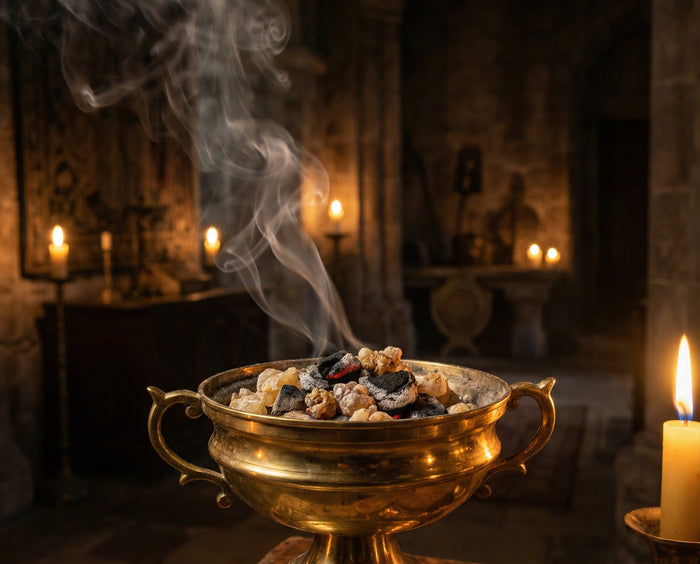 Brass censer of glowing charcoal and frankincense resin smoking in a candlelit temple