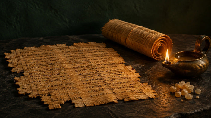 Fragment of ancient papyrus with faded Greek script beside a rolled papyrus scroll and a small bronze oil lamp on slate