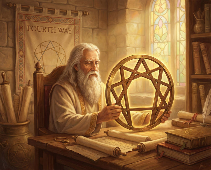 A white-bearded teacher holds a brass nine-pointed enneagram ring in a stone study filled with scrolls.