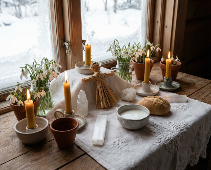 Beeswax candles, a straw Brigid doll, snowdrops, a bowl of milk and a loaf of bread set out on linen by a snowy window