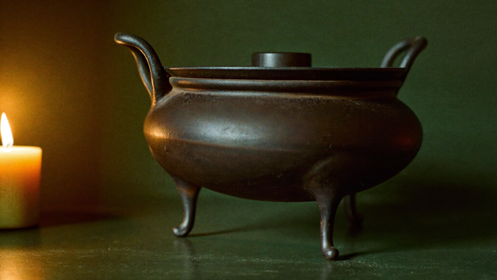 Black iron cauldron with a rounded belly and three legs standing on dark stone beside a lit candle