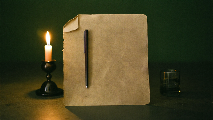 Blank square of torn brown paper with a slim pen resting on it, lit by a single candle on a dark stone surface