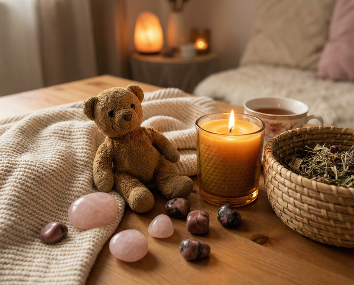Teddy bear, lit candle, rose quartz and rhodonite stones on a knitted blanket in a warm room