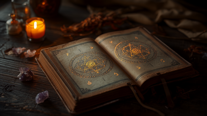 An open book of handwritten symbols lit by a candle beside raw amethyst on dark wood