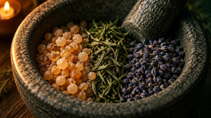 Stone mortar holding frankincense resin, dried rosemary and lavender buds with a pestle resting inside