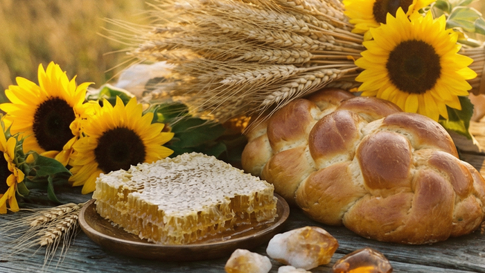 Braided harvest loaf, a sheaf of wheat, sunflowers and a slab of honeycomb on weathered wood in late summer light