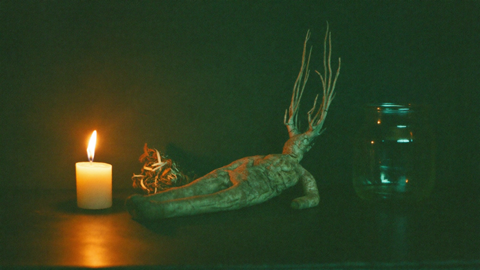 A forked mandrake root shaped like a human figure lying beside a lit candle and a bundle of dried herbs